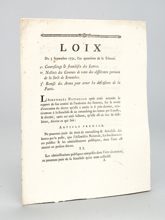 Loix du 3 Septembre 1792 1e - Contreseings & franchises …