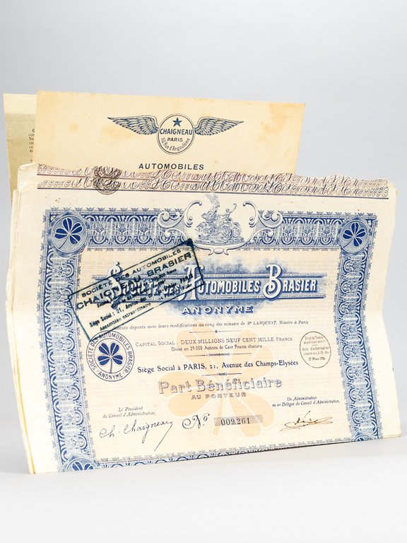Lot de 4 documents relatifs aux automobiles Chaigneau-Brasier. I : …