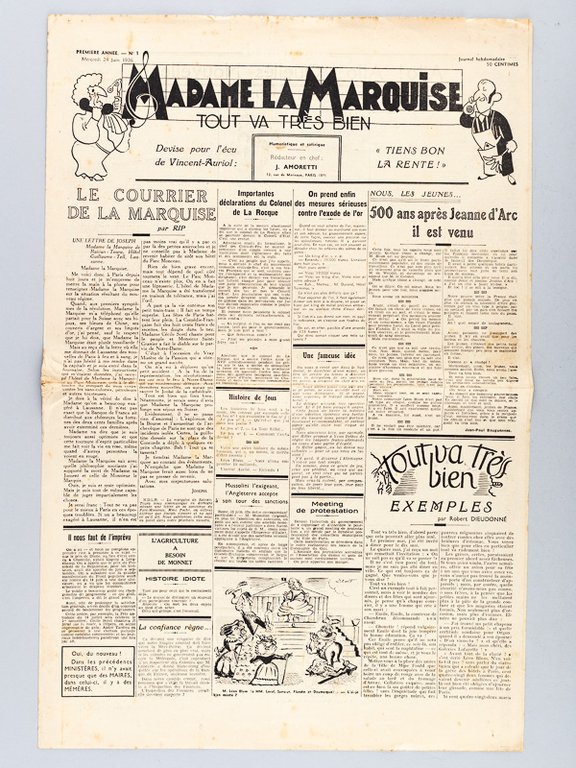 Madame la Marquise tout va très bien. Journal hebdomadaire, humoristique …
