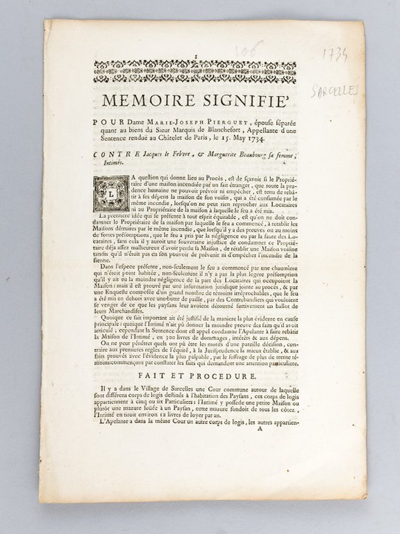 Mémoire Signifié, pour Dame Marie-Joseph Pierguet, épouse séparée quant aux …