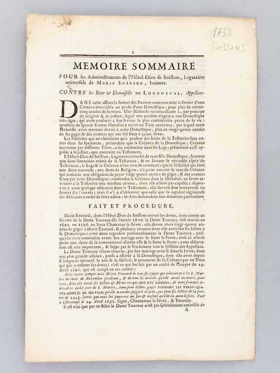 Mémoire Sommaire pour les Administrateurs de l'Hôtel-Dieu de Soissons, Légataires …