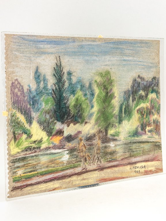 Parc Montsouris avec lac. Pastel original signé