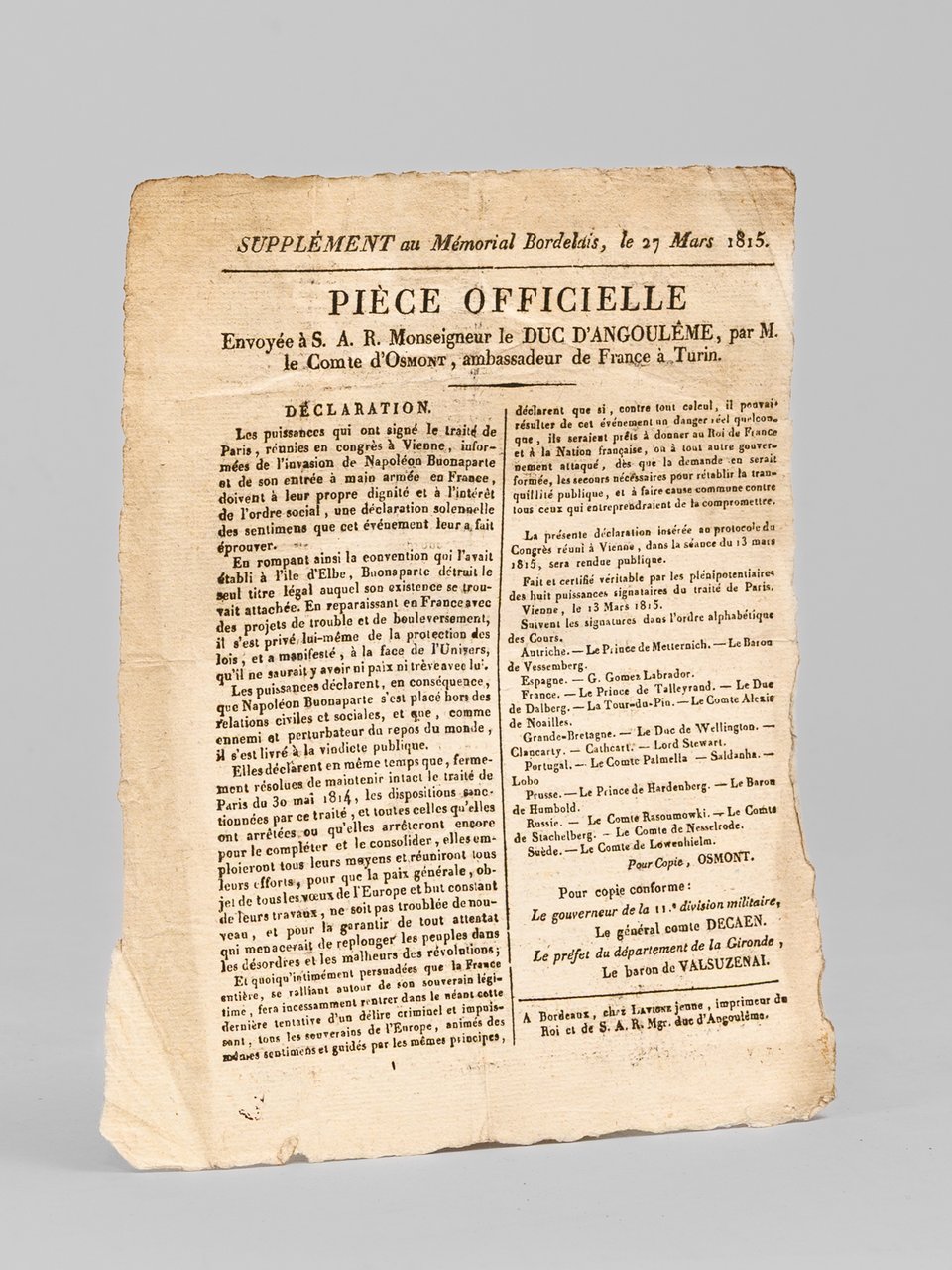 Pièce Officielle envoyée à S. A. R. Monseigneur le Duc … | Immagine principale