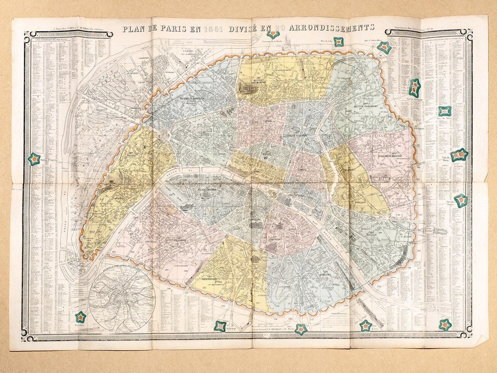 Plan de Paris en 1861 divisé en 20 arrondissements