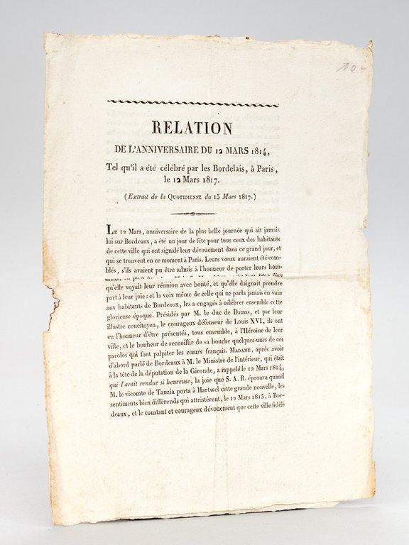 Relation de l'Anniversaire du 12 Mars 1814, tel qu'il a …