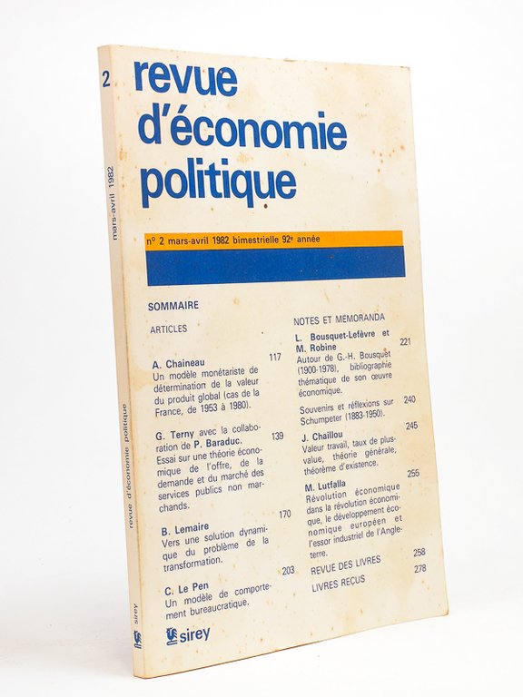 Revue d'économie politique n° 2, mars-avril 1982 [ contient notamment …