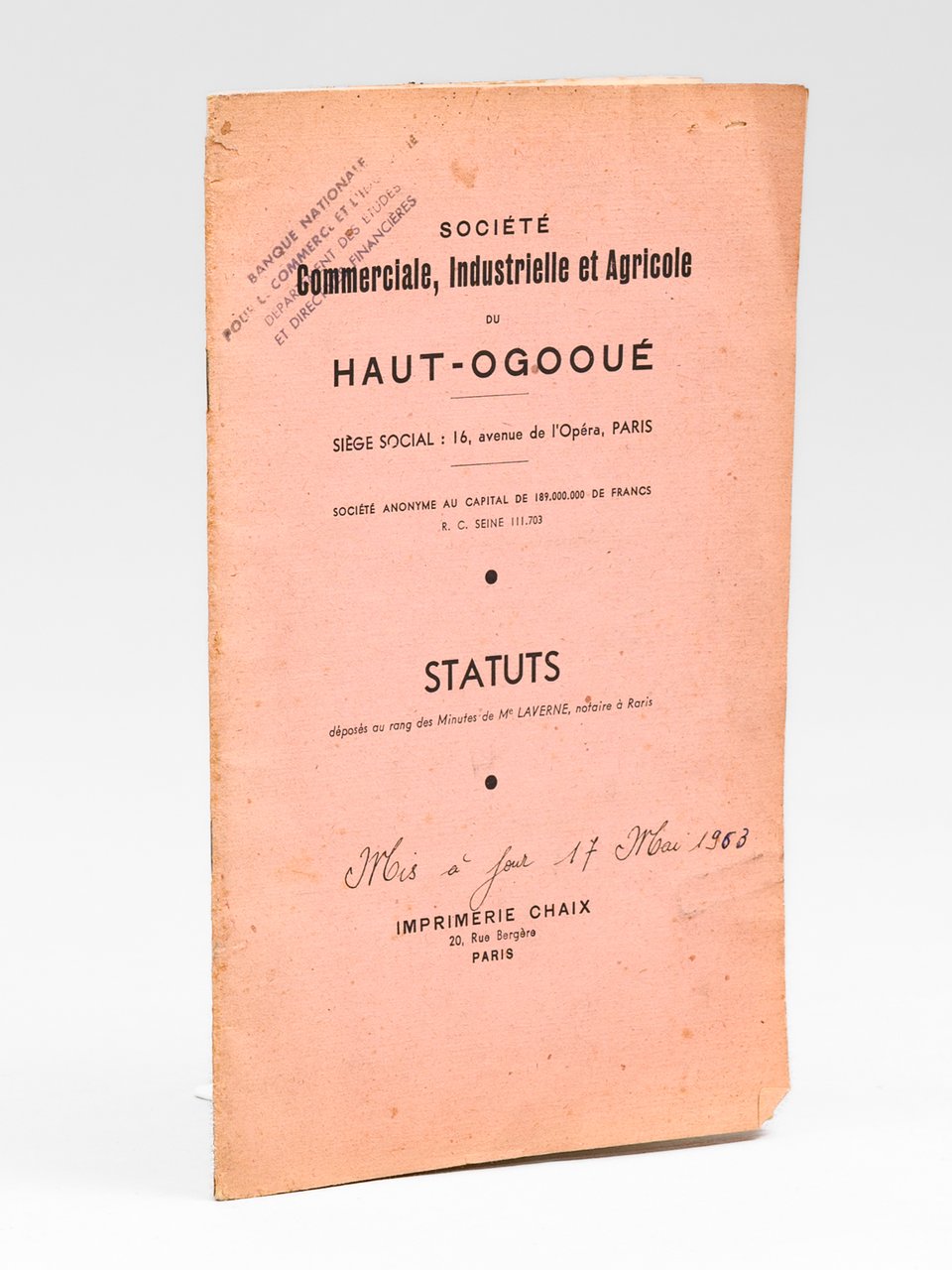 Statuts. Société Commerciale, Industrielle et Agricole du Haut-Ogooué. | Immagine principale
