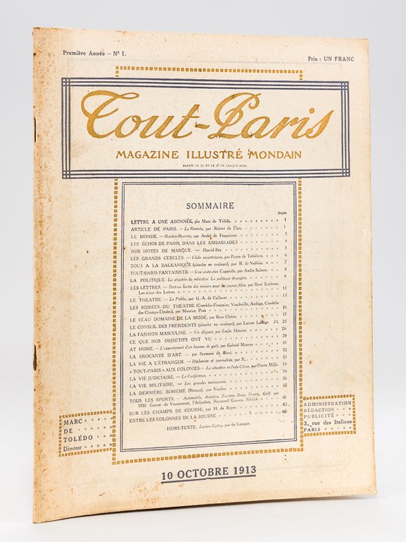 Tout-Paris. Magazine illustré mondain. Première année. N° 1 : 10 …