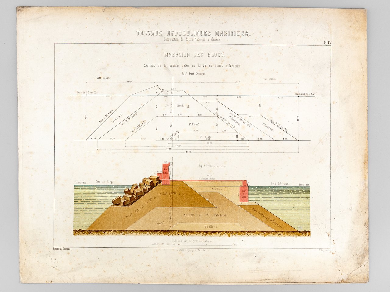 Travaux Hydrauliques Maritimes. Construction du Bassin Napoléon à Marseille. Chromolithographie …