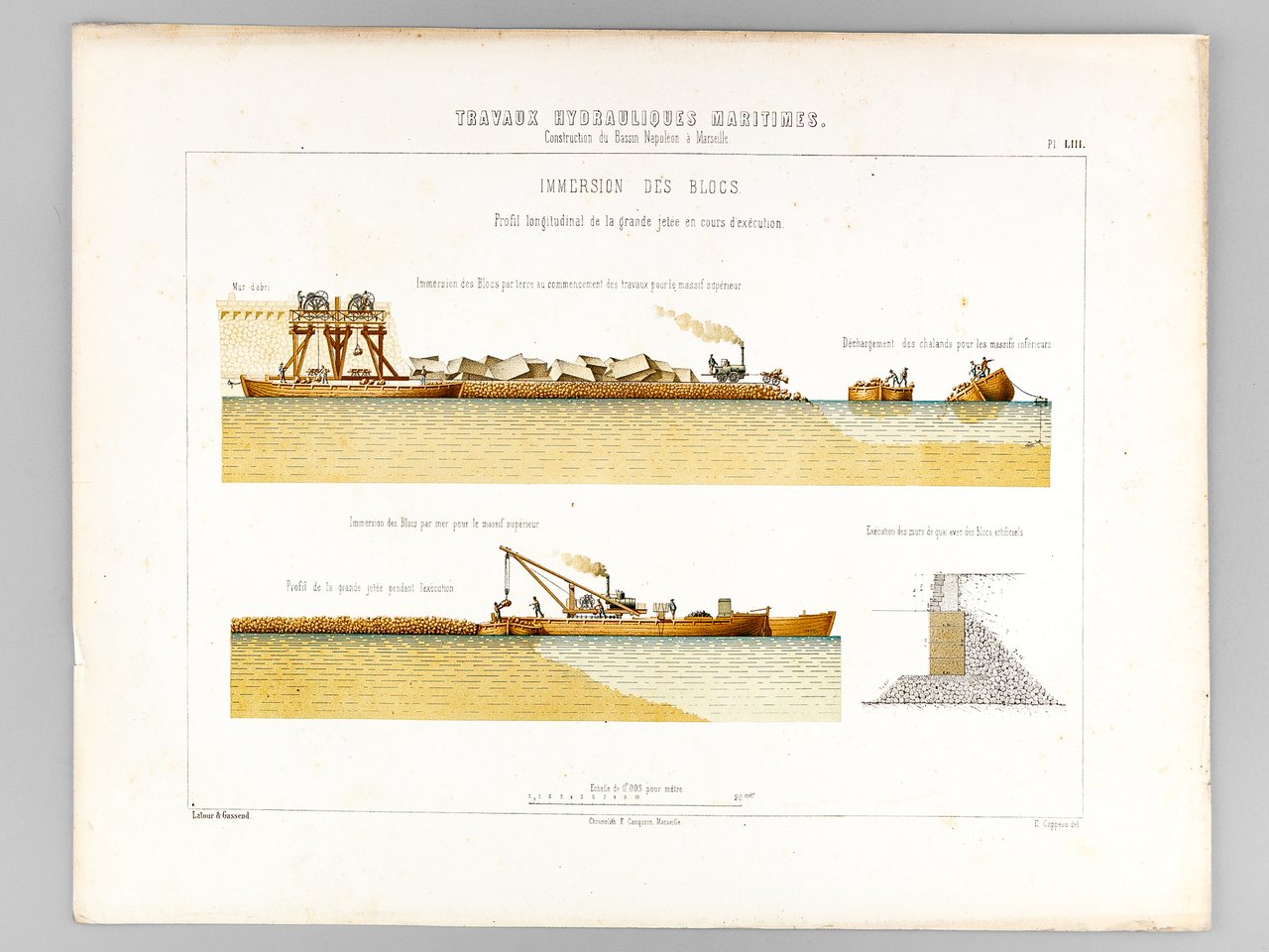 Travaux Hydrauliques Maritimes. Construction du Bassin Napoléon à Marseille. Chromolithographie …