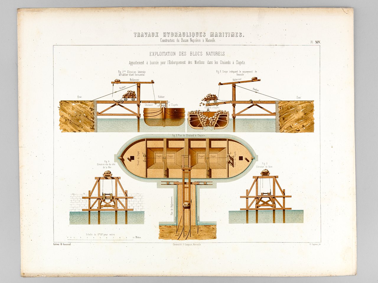 Travaux Hydrauliques Maritimes. Construction du Bassin Napoléon à Marseille. Chromolithographie …
