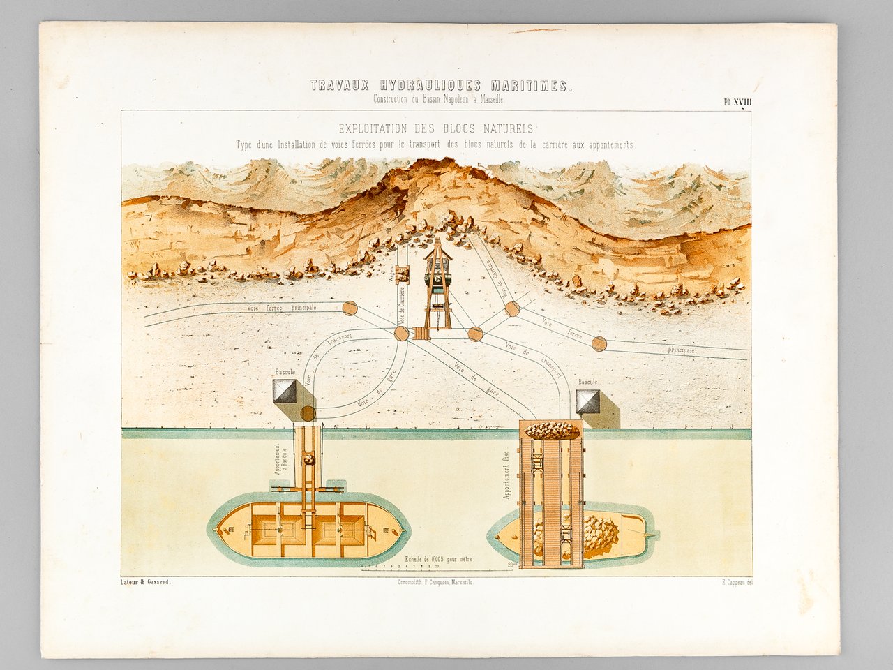 Travaux Hydrauliques Maritimes. Construction du Bassin Napoléon à Marseille. Chromolithographie …