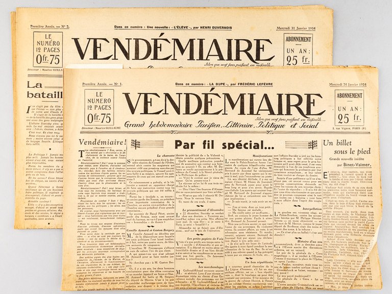 Vendémiaire. Grand hebdomadaire Parisien, Littéraire, Politique et Social. Première Année. …