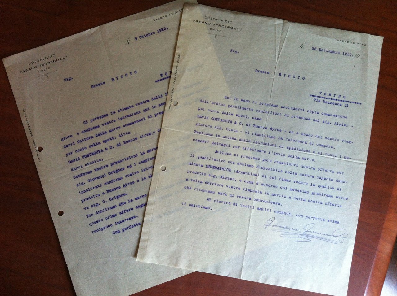 2 Lettere Commerciali Cotonificio Fasano Ferrero e C.ia Chieri 1915