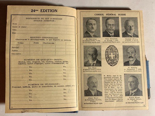 Almanach Pestalozzi 1933. Agenda de poche des écoliers suisses. Recommandé …