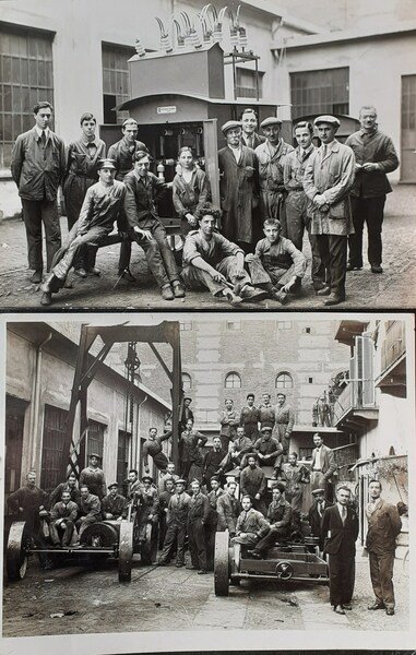 Due fotografie gruppo dipendenti officine Carpegna Torino anni '30