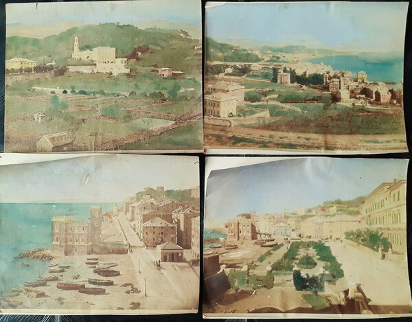 Quattro Albumine acquerellate d'epoca, paesaggi Pegli - Fotografo A. Noack