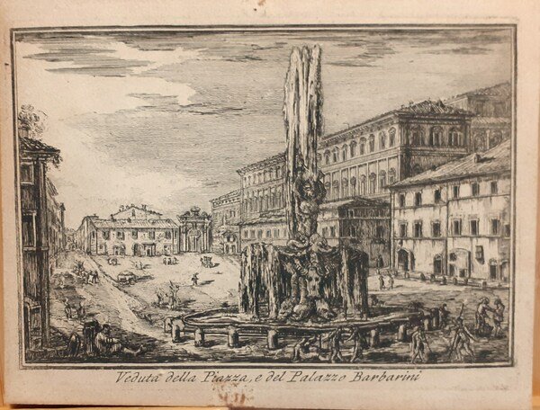 Rara incisione Roma Veduta della Piazza e del Palazzo Barbarini