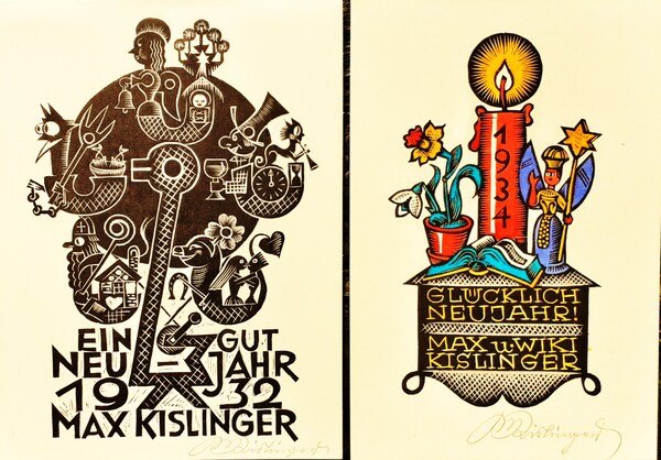 Due cartoncini augurali di Max Kislinger 1932/34 con autografo.