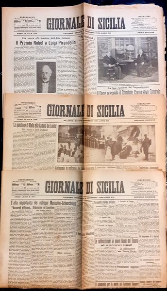 Tre Quotidiani Giornale di Sicilia 1934 Nobel a Pirandello