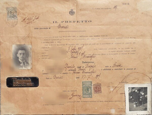 Certificato di abilitazione conduttore caldaie Adorno Cornovaglia Ferroviarie 1927