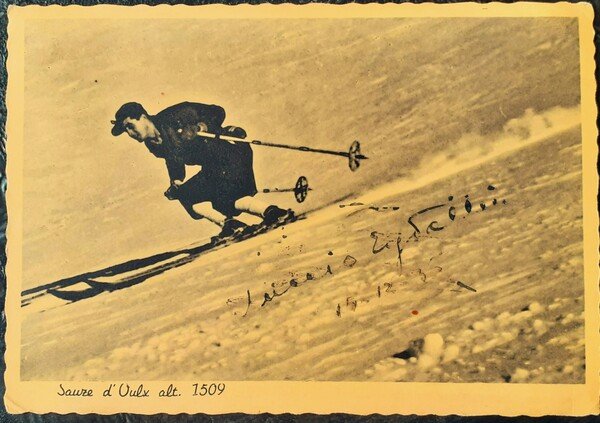 Cartolina Sauze d'Oulx maestro di sci Duccio Eydallin 1936