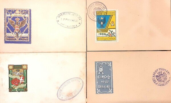 Quattro erinnofili reggimentali su cartolina inizi '900