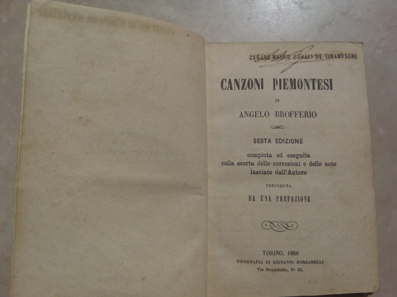 A.Brofferio Canzoni Piemontesi Torino 1868