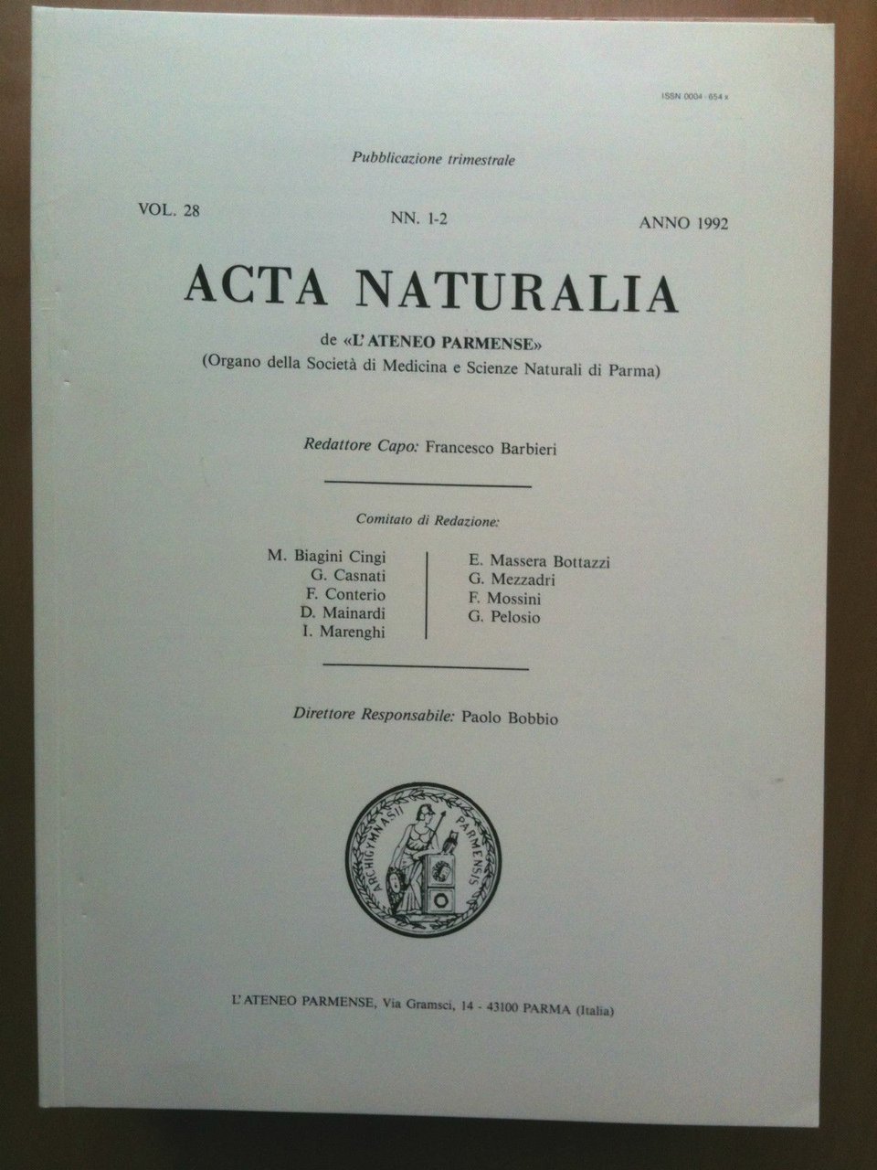 Acta Naturalia Vo. 28 nn. 1-2 Anno 1992 de "L'Ateneo …