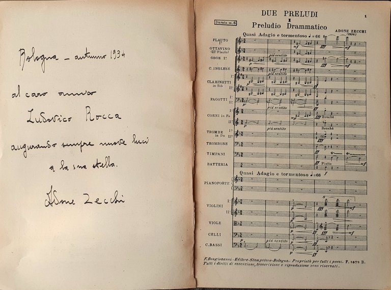 Adone Zecchi Due Preludi con dedica autografa Bongiovanni Editore Bologna …