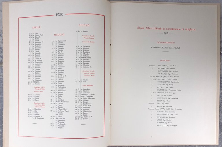 Annuario Scuola Ufficiali di Complemento d'Artiglieria - Bra 1930