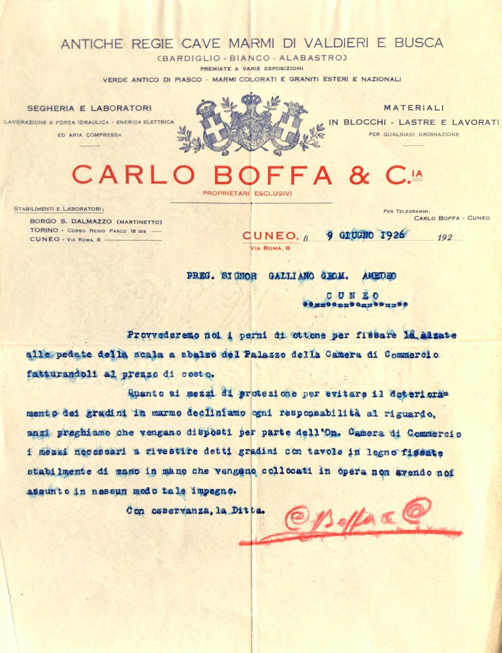 Antiche regie Cave marmi di Valdieri e Busca - Lettera …