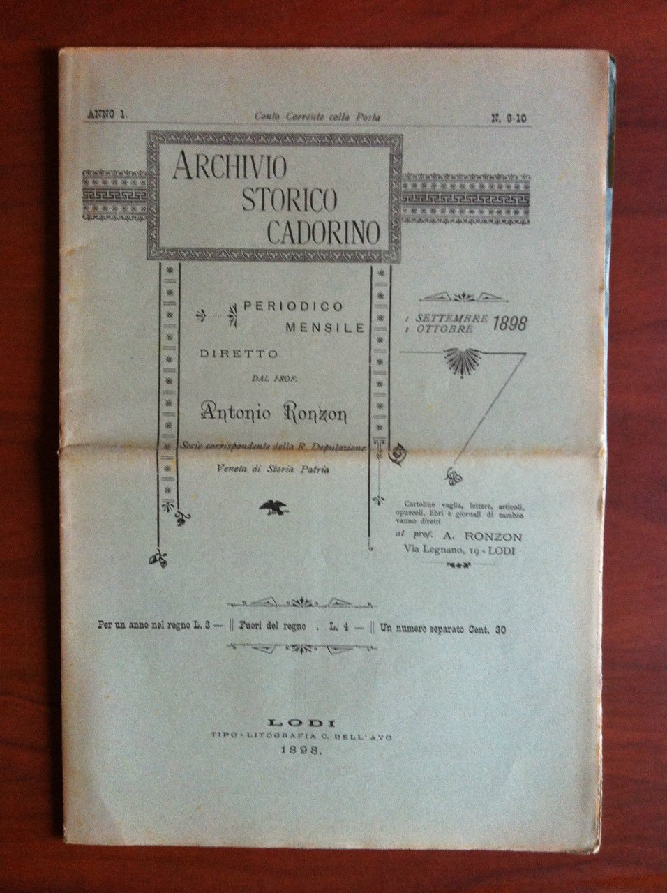 Archivio Storico Cadorino Anno 1 n^ 9-10 Settembre-Ottobre 1898 - …