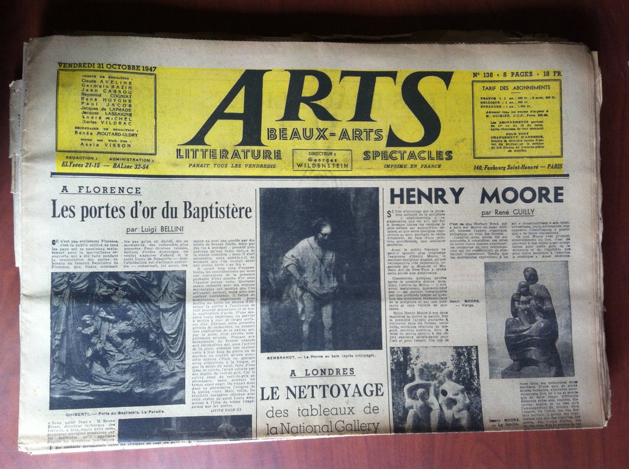 ARTS Beaux-Arts Litterature Spectacles 31 Octobre 1947 n^ 138 Paris …