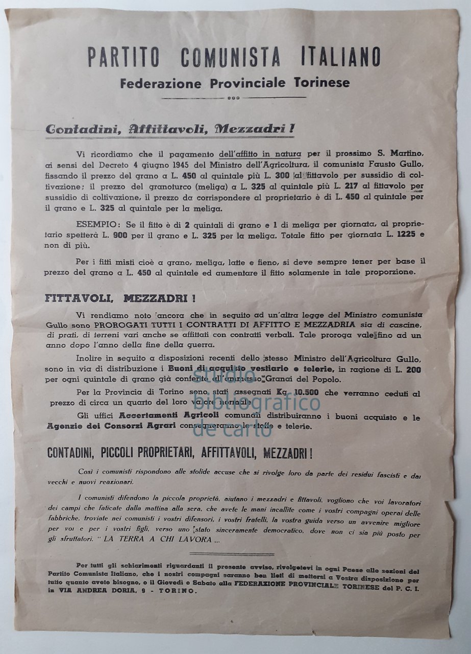 Avviso ai contadini Partito Comunista Italiano 1945