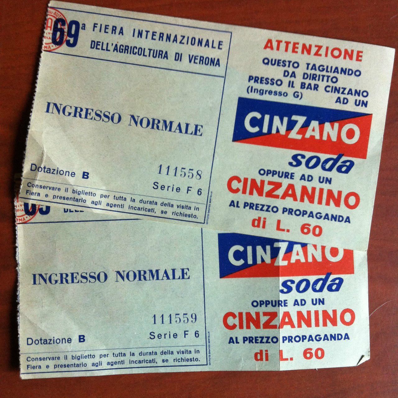 Biglieti 69^ Fiera Internazionale dell'Agricoltura di Verona pubbl.Cinzano E9701