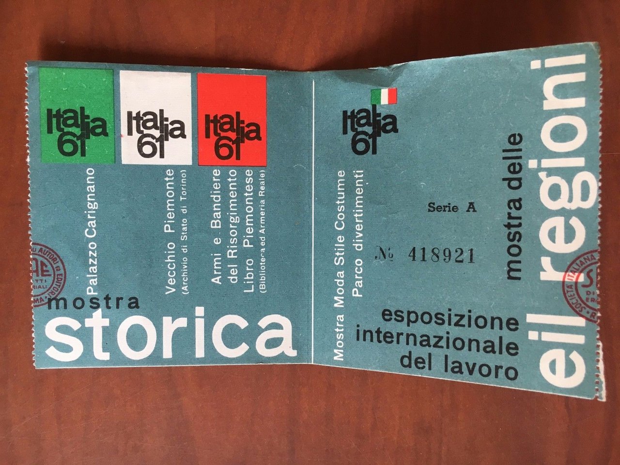 Biglietto ingresso Italia 61 Mostra Storica Esposizione Inter.le Lavoro - …