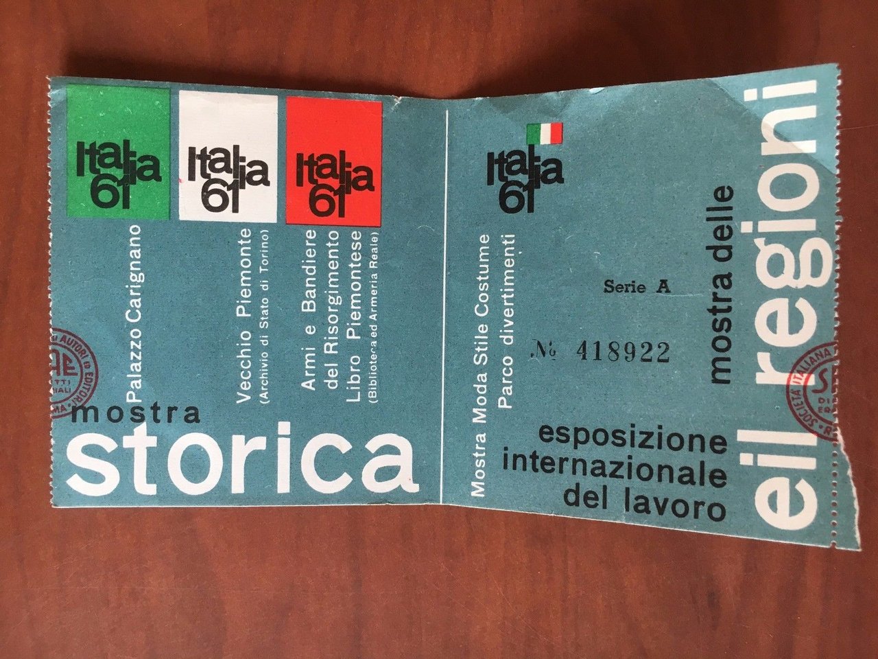 Biglietto ingresso Italia 61 Mostra Storica Esposizione Inter.le Lavoro - …