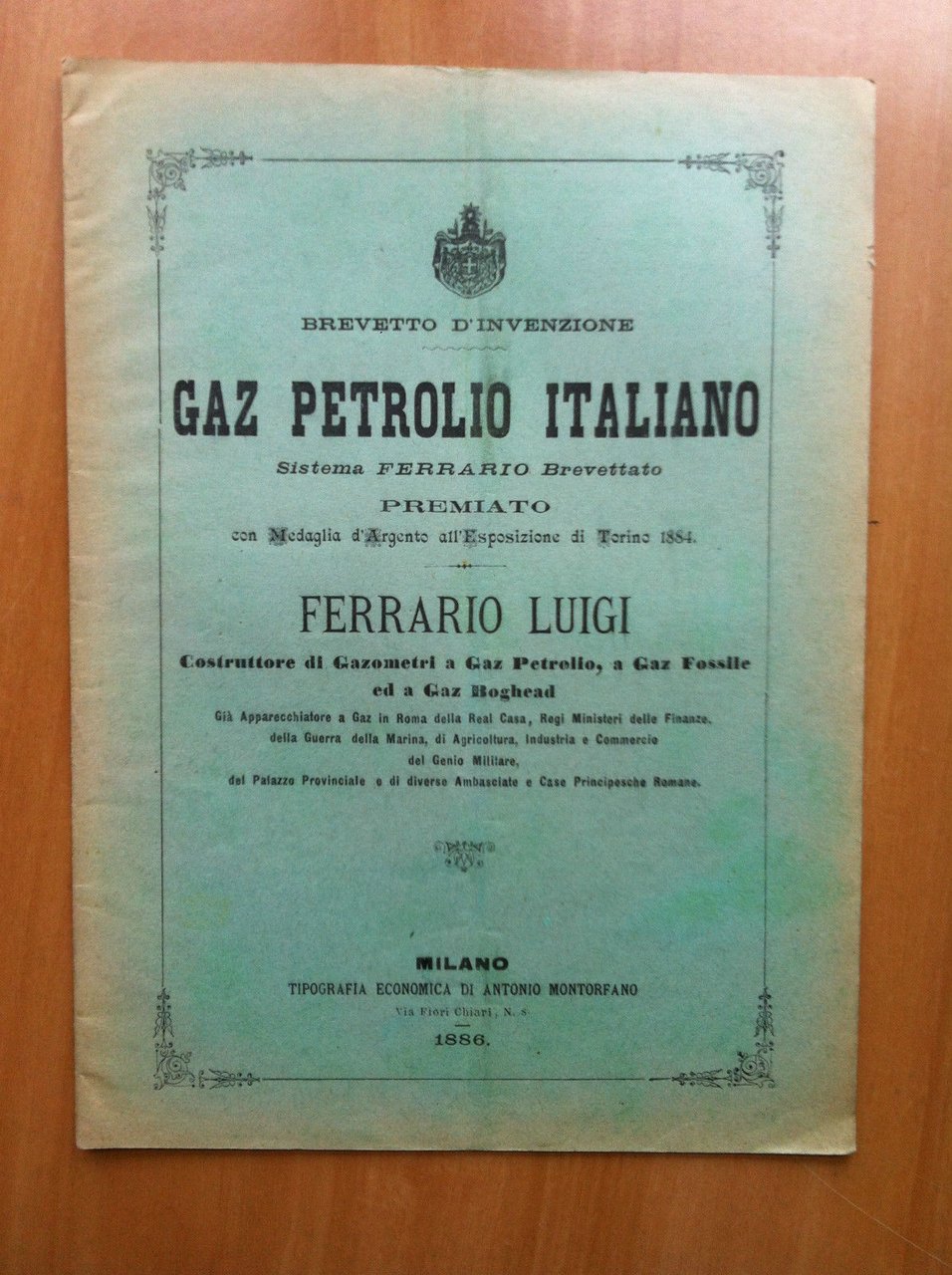 brevetto d'invenzione GAZ petrolio Italiano Ferrario Luigi 1886 - E15714