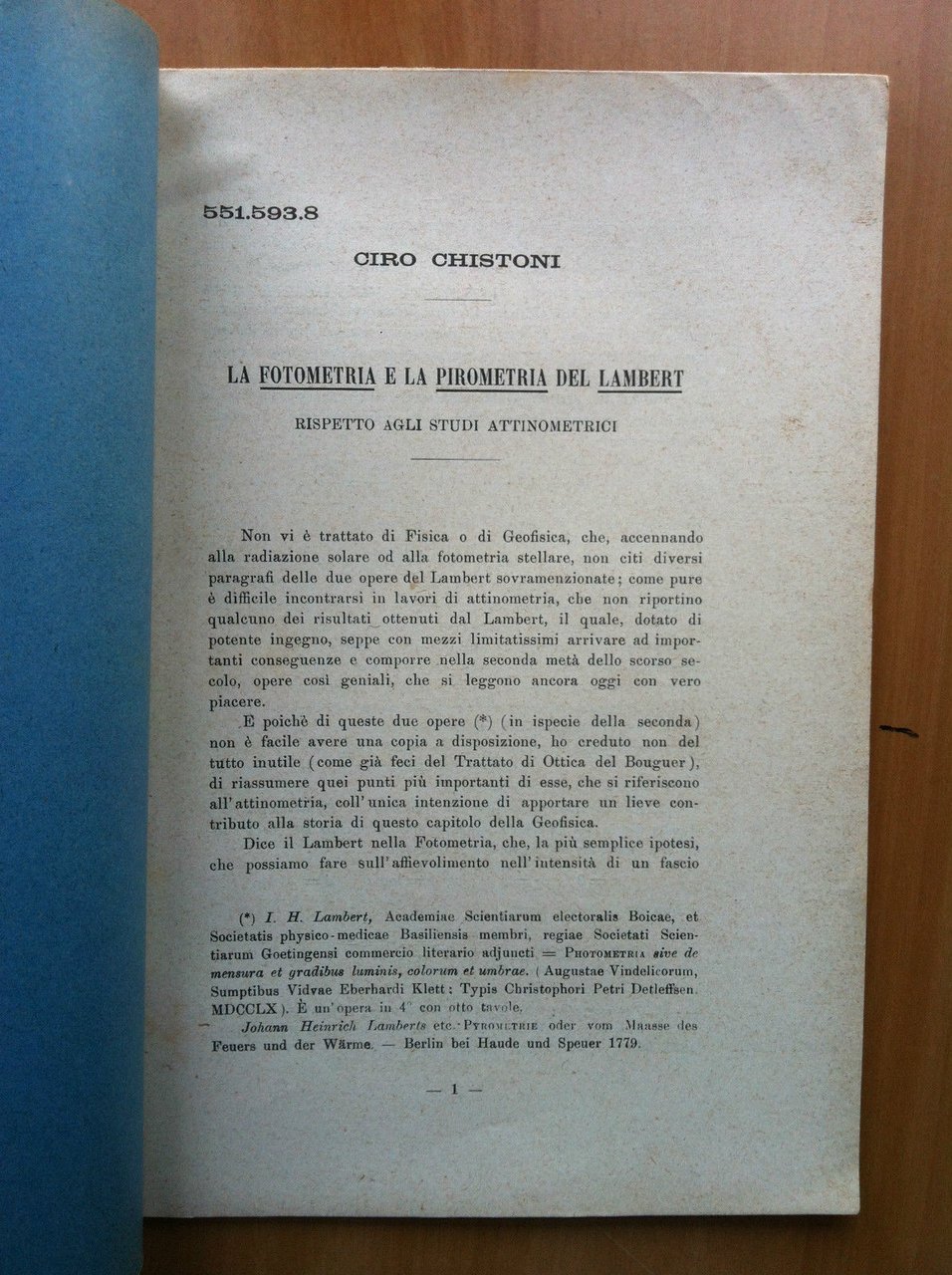 Brossura La Fotometria e la pirometria del Lambert Ciro Chistoni …