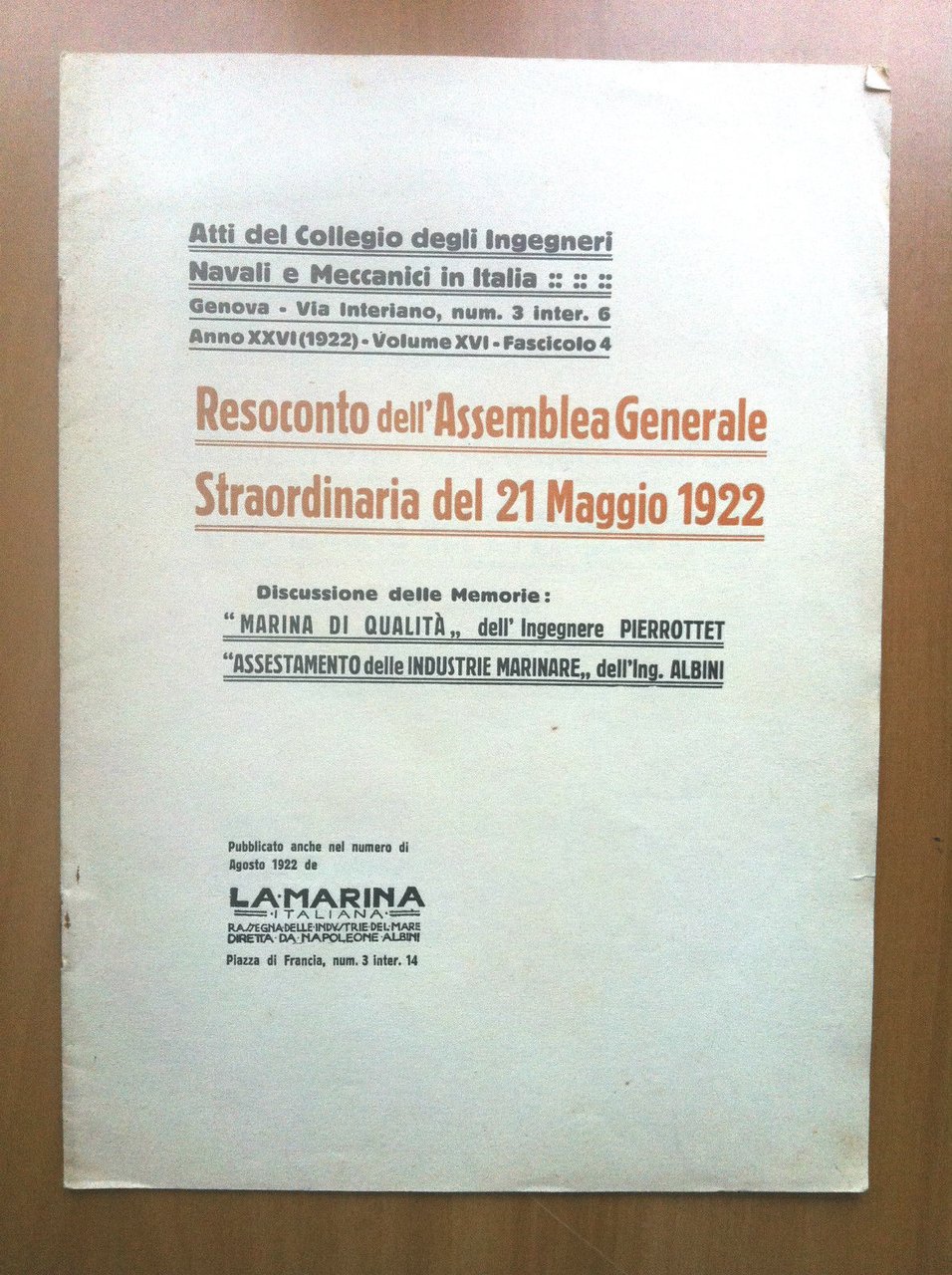 Brossura Resoconto Ass Gen Straord Ing Navali e Meccanici Italia …