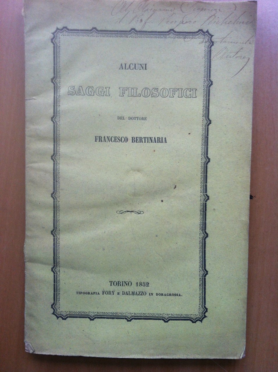 Brossura Saggi filosofici Dott. Francesco Bertinaria Torino 1852 - E16531