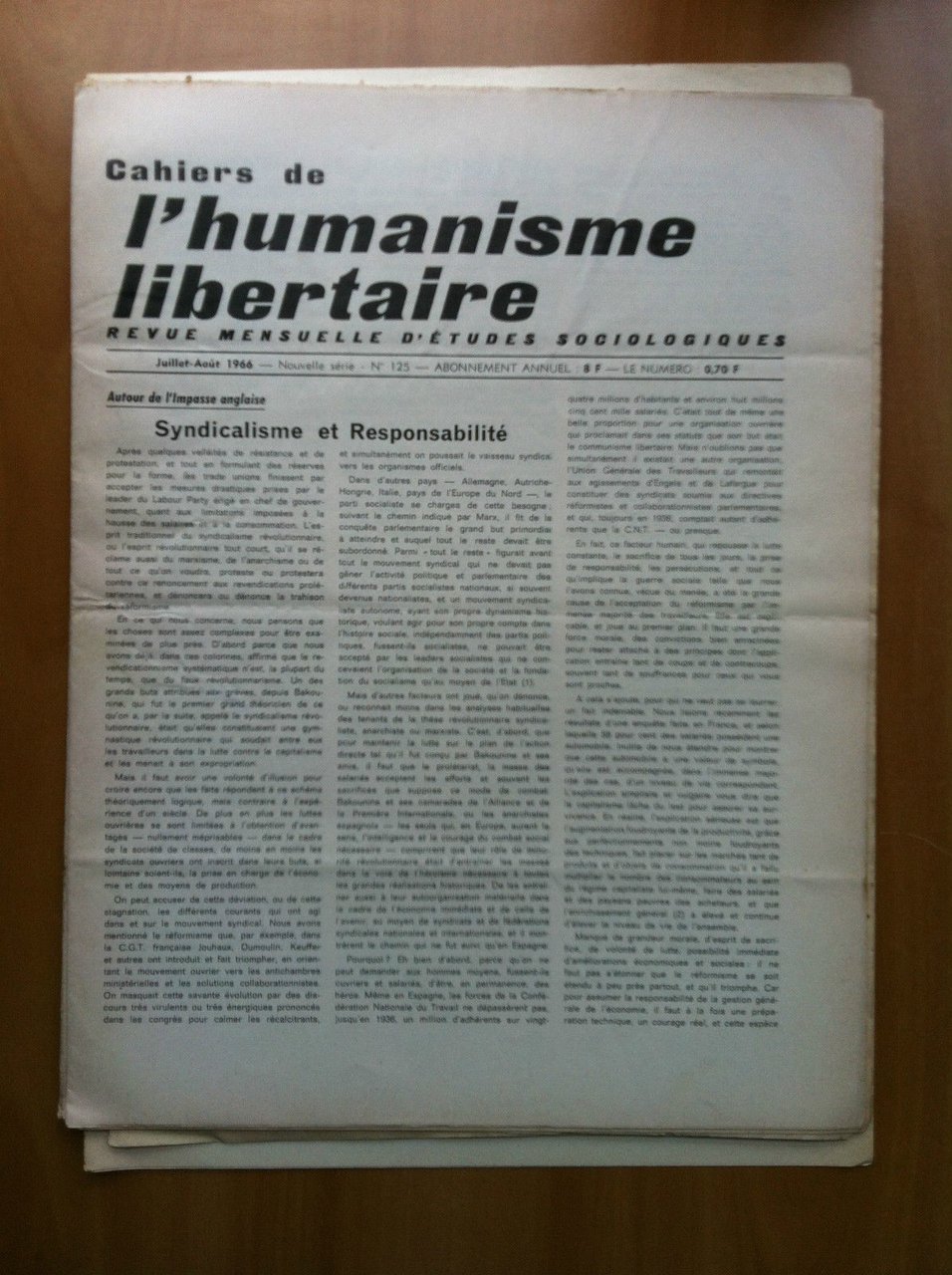 Cahiers de l'humanisme libertaire n^ 125 Julliet/Aoû7 1966 - E19799