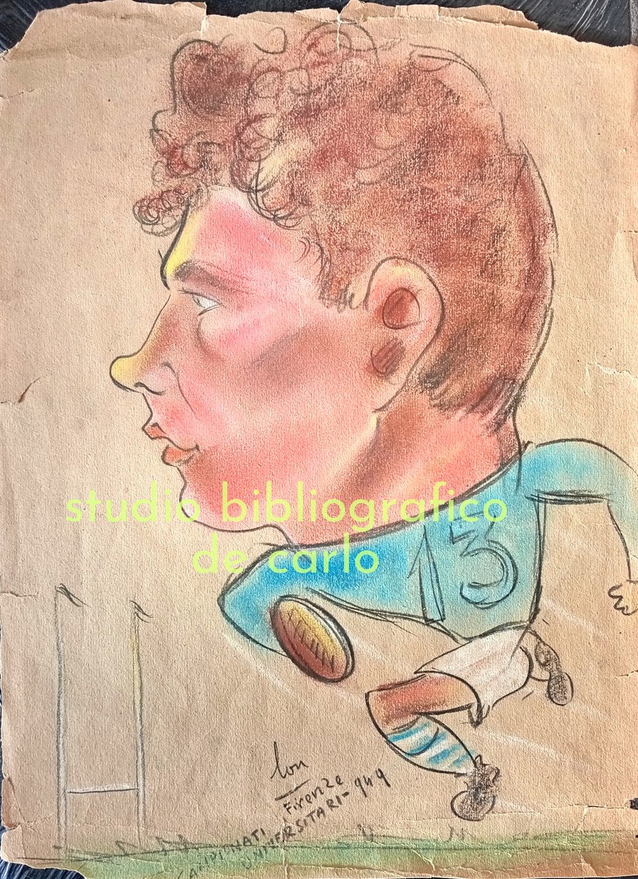 Caricatura rugby squadra torinese ai campionati universitari FIRENZE 1949