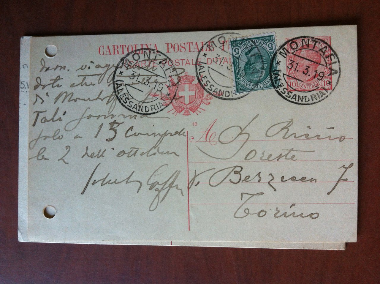 Cartolina 1919 Montafia Alessandria Viaggiata - E11714