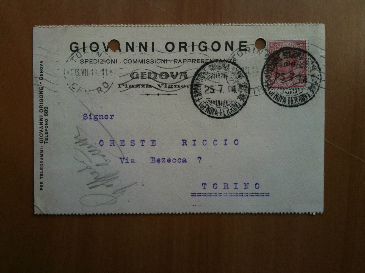 Cartolina Commerciale Giovanni Origone Genova inizi '900 - viaggiata