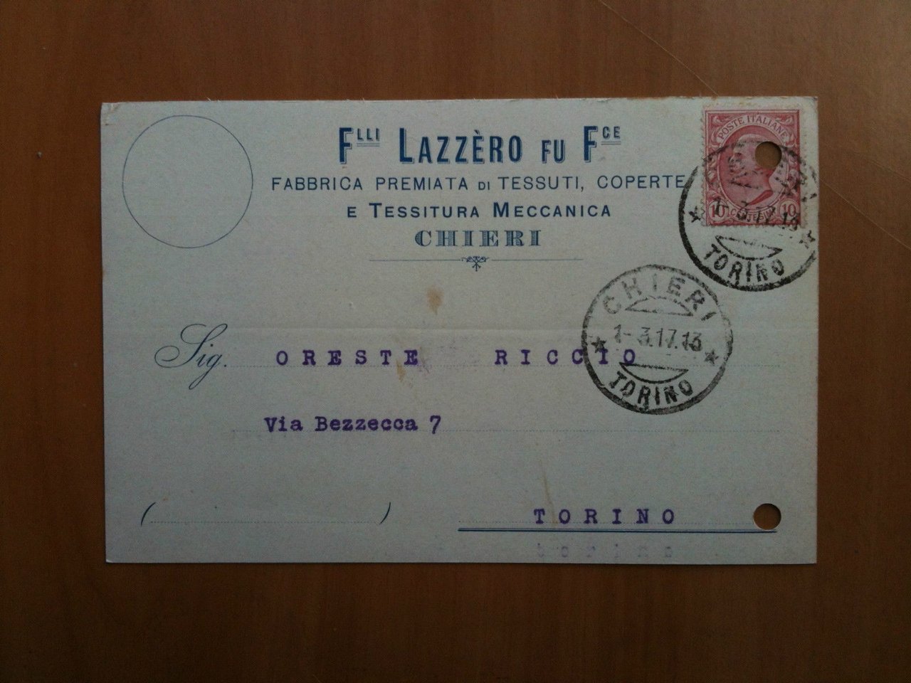 Cartolina Commerciale inizi '900 F.lli Lazzèro Chieri (TO) - viaggiata | Immagine principale