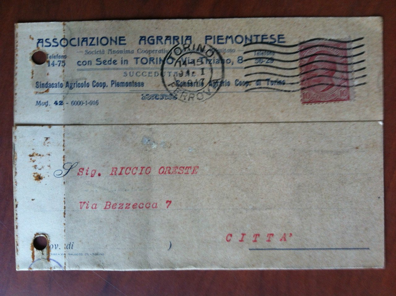 Cartolina commerciale originale Ass.ne Agraria Piemontese Torino 1917 - E19389