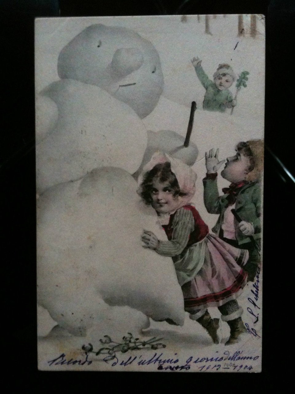 Cartolina illustrata bimbi con pupazzo di neve 1904 - viaggiata | Immagine principale