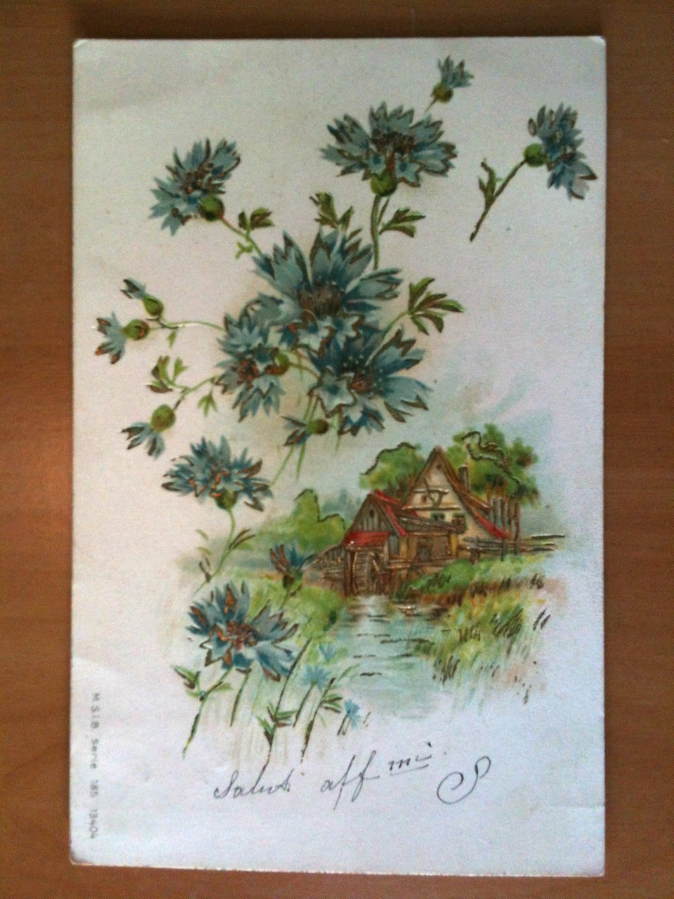 Cartolina illustrata inizi '900 Casa sul fiume con fiori - …